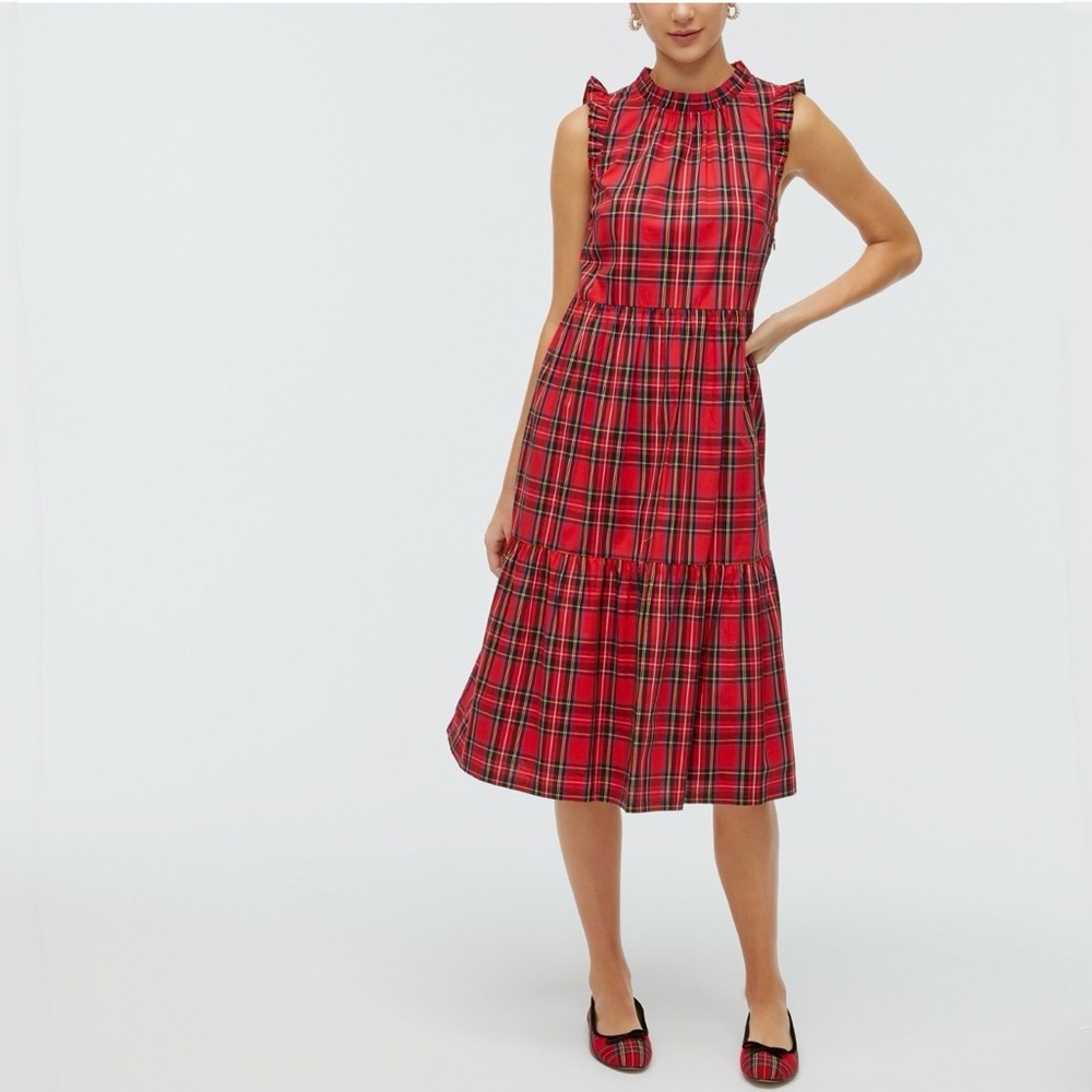 J. Crew Classic Red Tartain Plaid Tiered Ruffle Midi Dress, Size 6P, NWT
